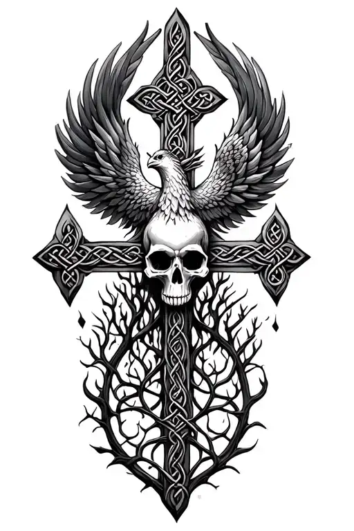 Celtic Cross Tree Of Life Phoenix Bird Skull