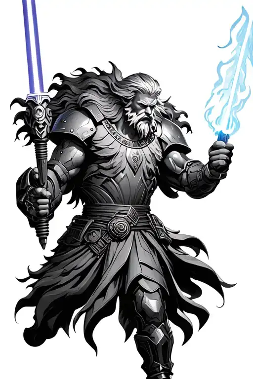 God Zeus As A Sci Fi Warrior Wielding A Lightsaber And Wearing Advanced Armour