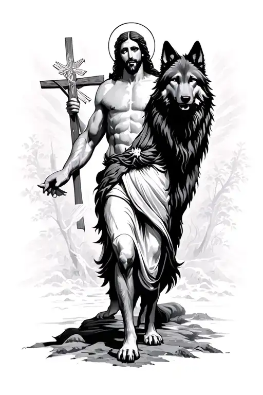 Black Wolf With Jesus Christ Walking