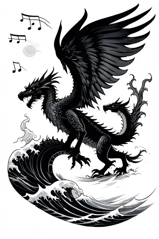 Phoenix And Dragon Emerging From Waves With Music Playing In The Distance