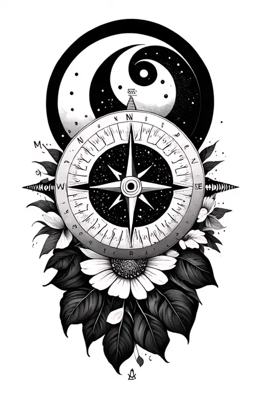 Minimal Floral Compass With Sun And Moon Merging Together