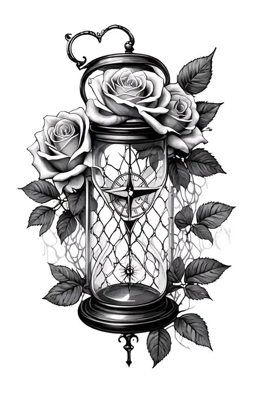Roses And Broken Hour Glass And Compass In Fish Net