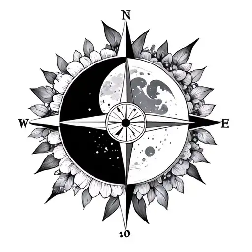 Minimal Floral Compass With Sun And Moon Merging Together