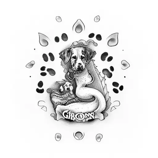 Dragon With A Big Dog Paw Print And Small Dog Paw Print With The Names Ghost And Dolly
