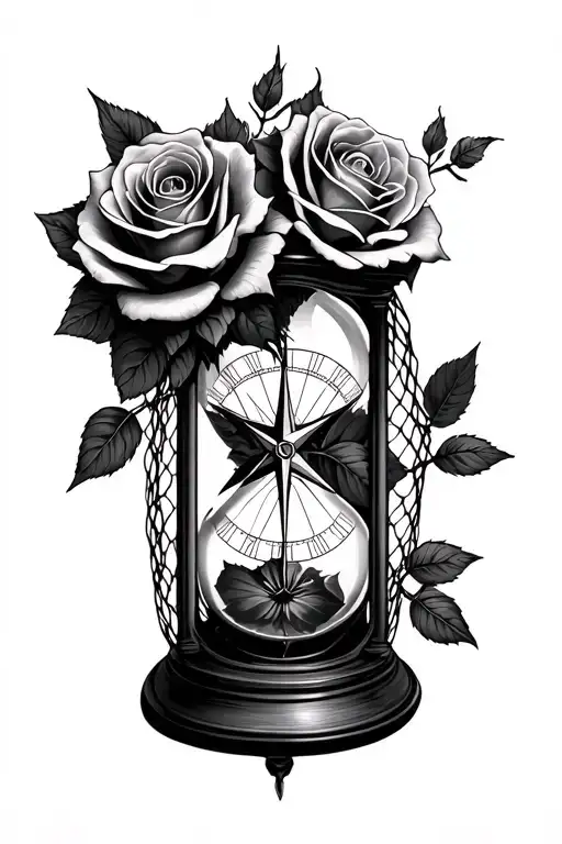 Roses And Broken Hour Glass With A Compass In Fish Net
