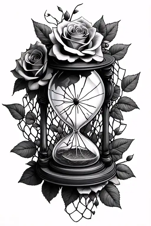 Roses And Broken Hour Glass Intertwined In Fish Net