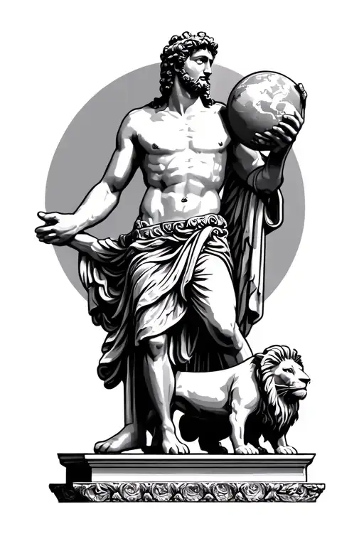 Greek God Holding World On Shoulders With Lion Statue On Bottom