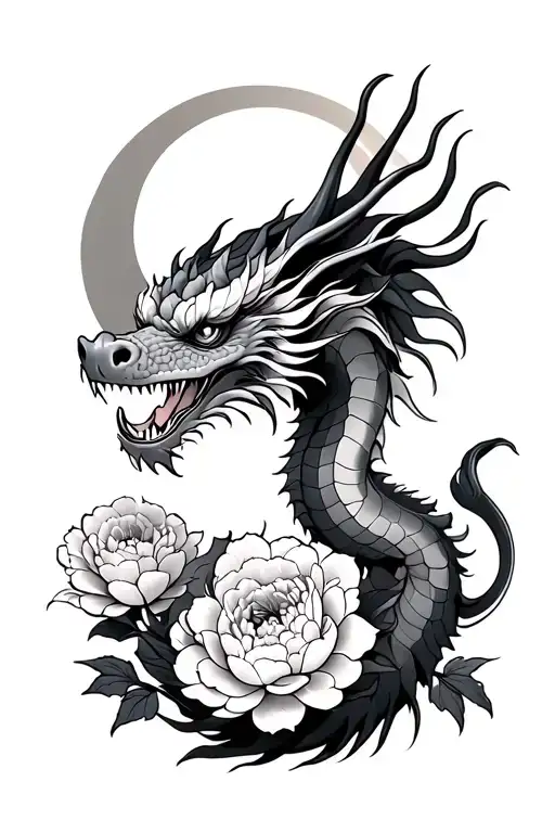 Realistic Japanese Dragon With Peonies And A Sun