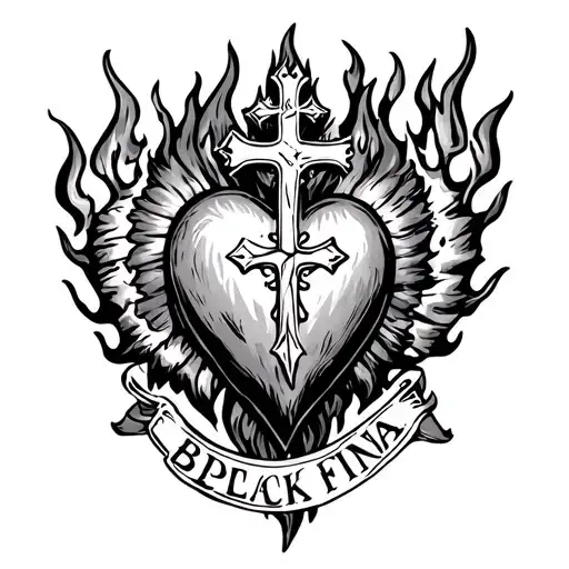 Sacred Heart With Cross And Fire And The Name Fina