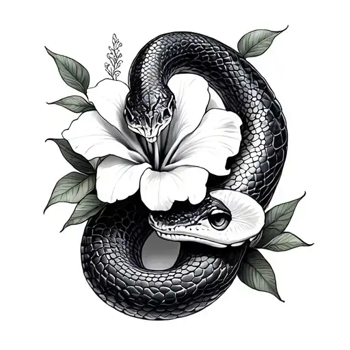 Snake With Lilly And Hibiscus Flower