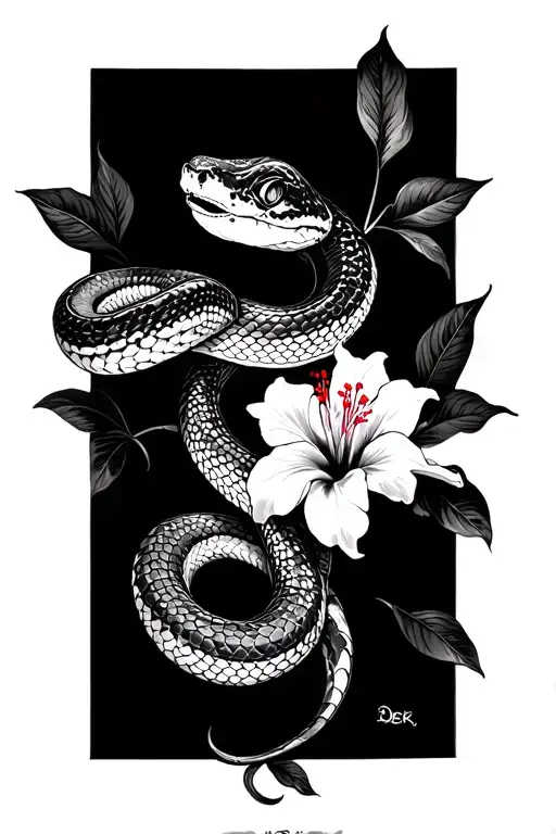 Snake With Lilly And Hibiscus Flower