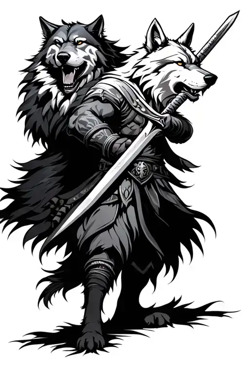 Wolf And Warrior Wielding A Sword