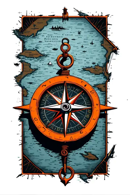 Orange Nautical Compass On Top Of Marinas Trench Map