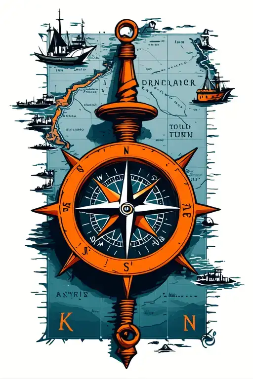 Orange Nautical Compass On Top Of Marinas Trench Map