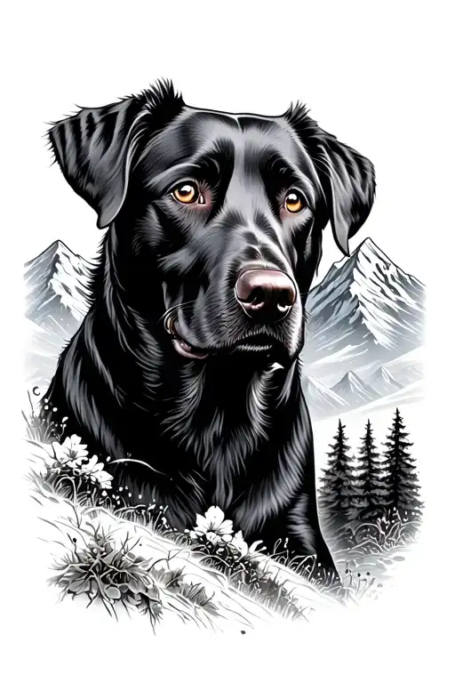 Black Labrador With Mountain Scene