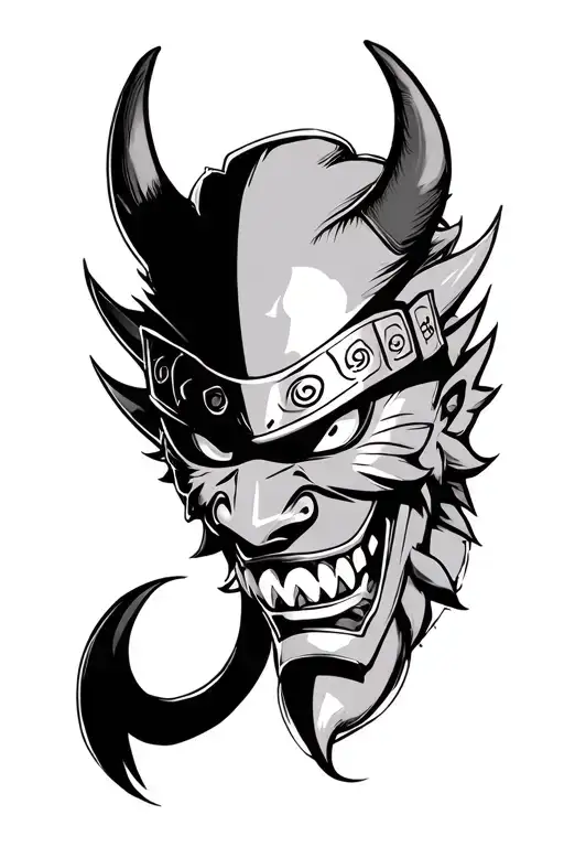Traditional Japanese Oni Mask Half Being Pulled Off By Japanese Manga Naruto In Black And Grey