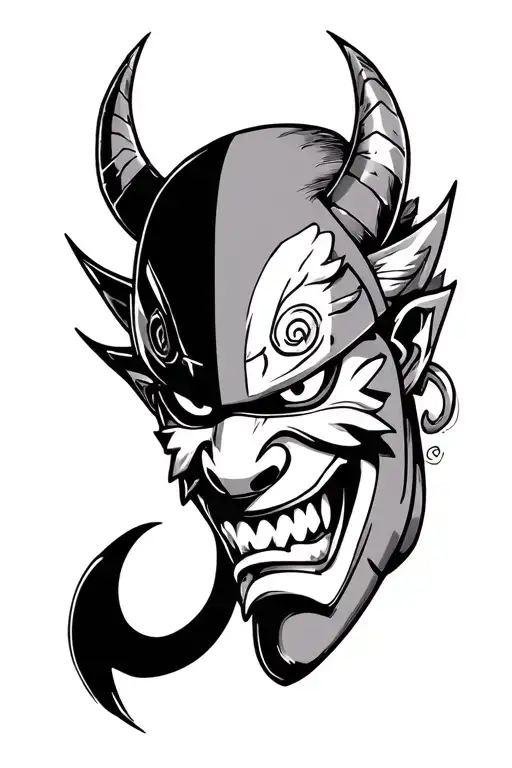 Traditional Japanese Oni Mask Half Being Pulled Off By Japanese Manga Naruto In Black And Grey