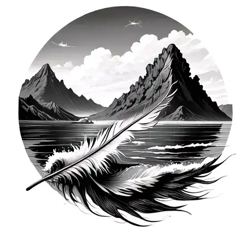 Feather And Ocean Waves And Mountain Scenery