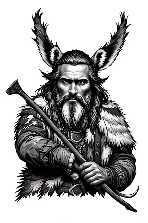 Mountain Man Trapper Covered In Animal Hides Holding A Bow