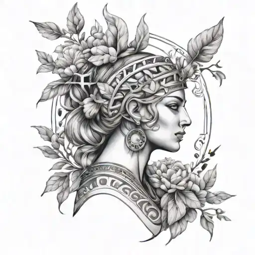 A Greek Goddess Like Artemis Or Athena Surrounded By Nature Elements Like Trees And Animals