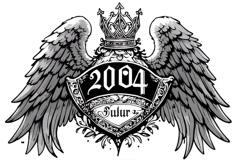 Angel Wings Tattoo With A Crown On Top And 2004 Written In The Middle