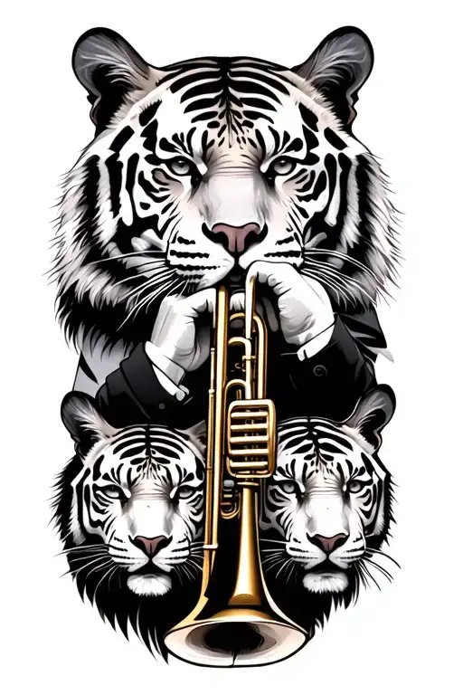 Trombone Player Surrounded By White Tigers And Black Panthers