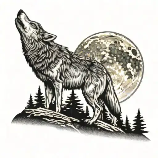 A Tattoo Of A Wolf Howling At A Full Moon In A Mountainous Forest Setting