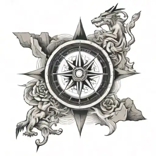 A Military Compass Rose Intertwined With Mythological Creatures On A Mountain Backdrop