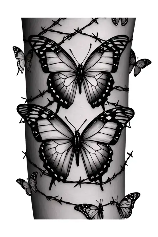 Butterflies Connected By A Line Of Barbed Wire Scattered Across The Forearm