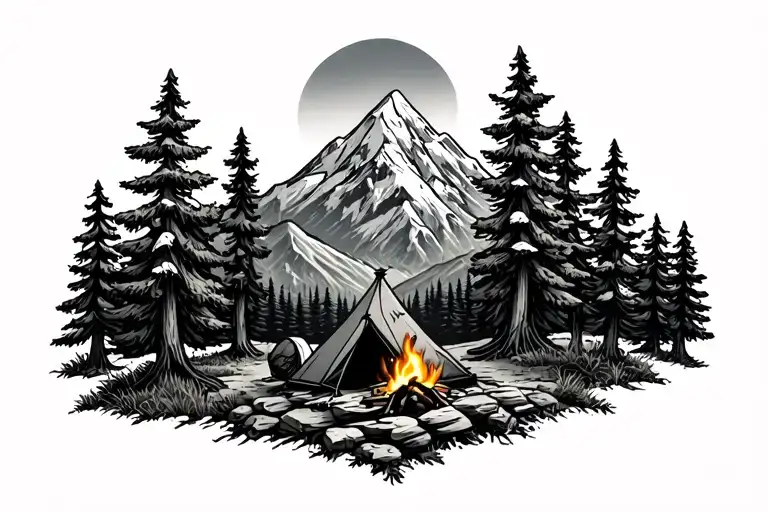 Mountain And Trees With Small Tent And Campfire Surrounded
