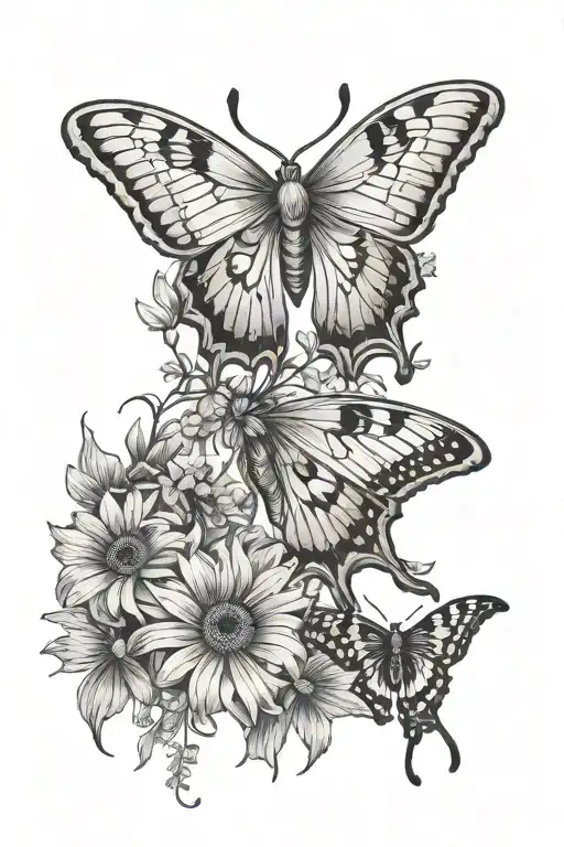 Luna Moth Surrounded By Larkspur And Daisy Flowers