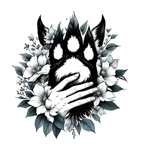 Fine Line Tattoo With An Animal Paw And A Woman's Hand Holding It In A Floral Spirit