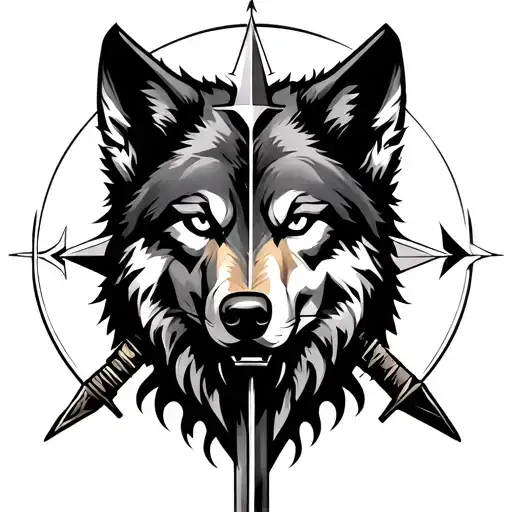 Lined Wolf Face With Sword With Geo Compass Design