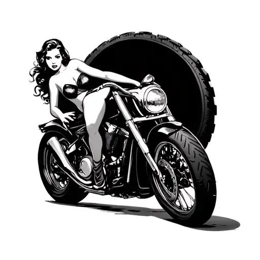 Pin Up Girl On Motorcycle Tire Black And Grey