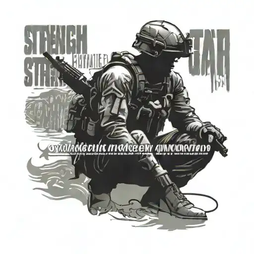 A Silhouette Of A Soldier In Combat Stance With A Philosophical Quote About Strength