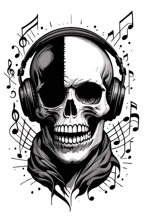 Half Skull Half Face With Head Phones Over The Face Side With Music Notes In The Background