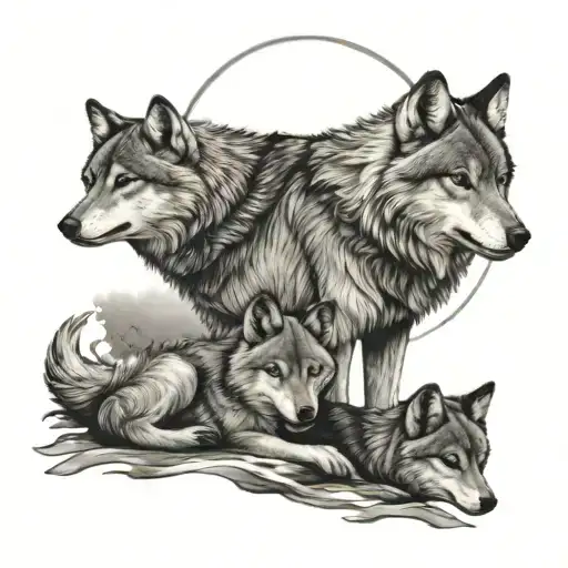 Wolf Family Under Moonlight Shining