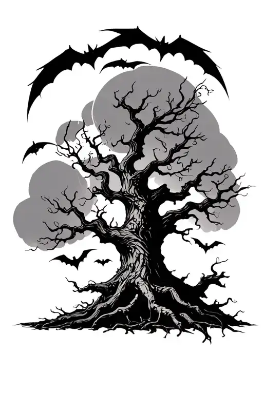 Poison Tree With Bats Flying Across