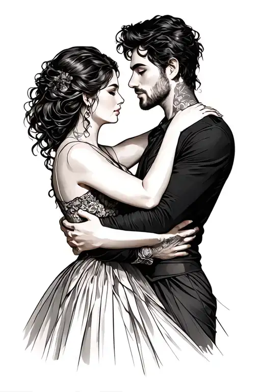 Line Work Of A Man And Woman Hugging Romantic