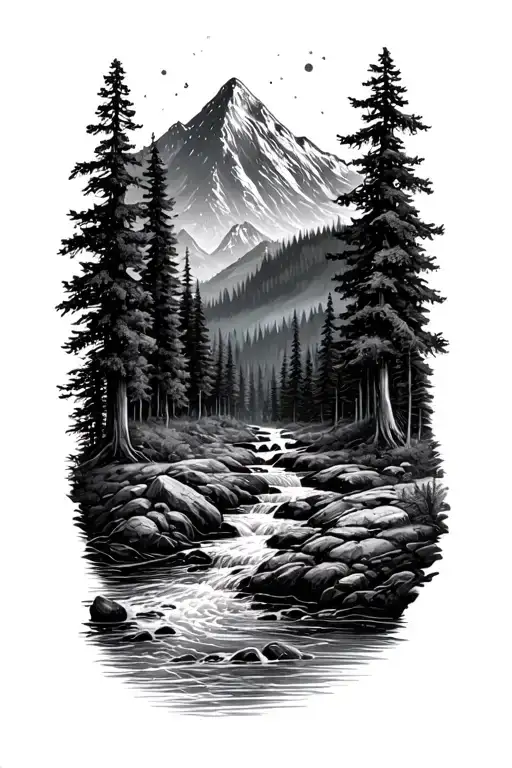 Forest With River Flowing And Mountain In Background