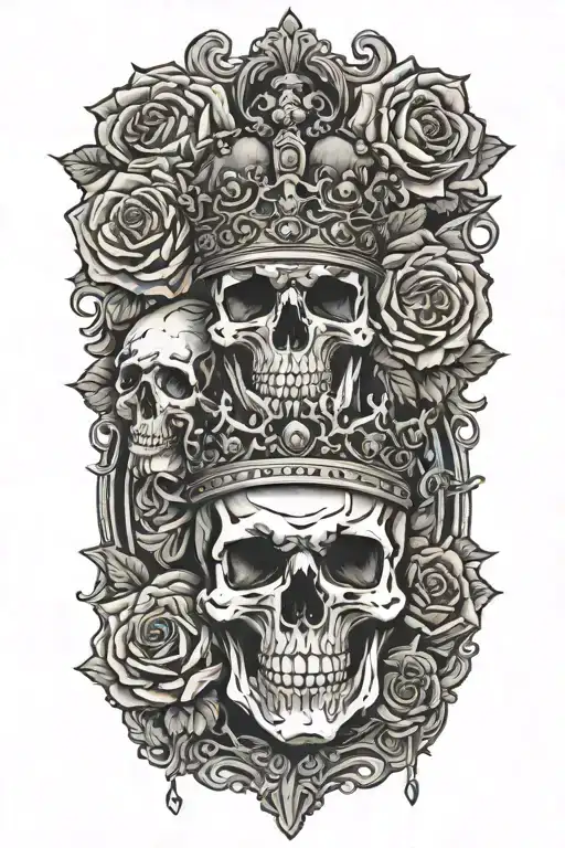 3 Roses And 1 Skull Wearing A Crown