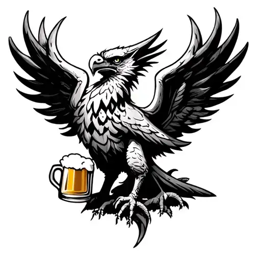 Gryphon Holding A Mug If Beer In Front Of The World Tree