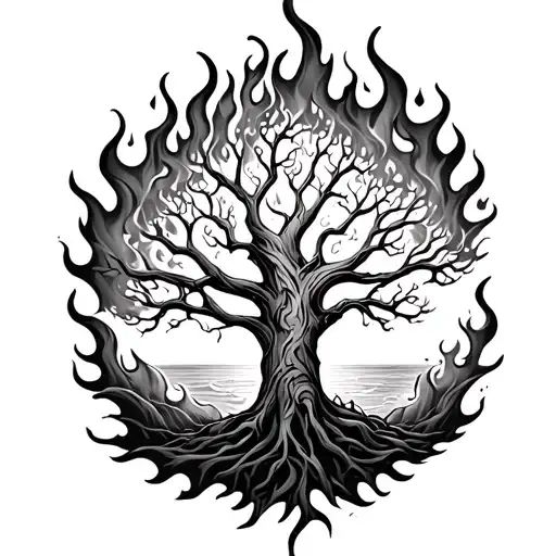 Tree Of Life Surrounded Fire Flames