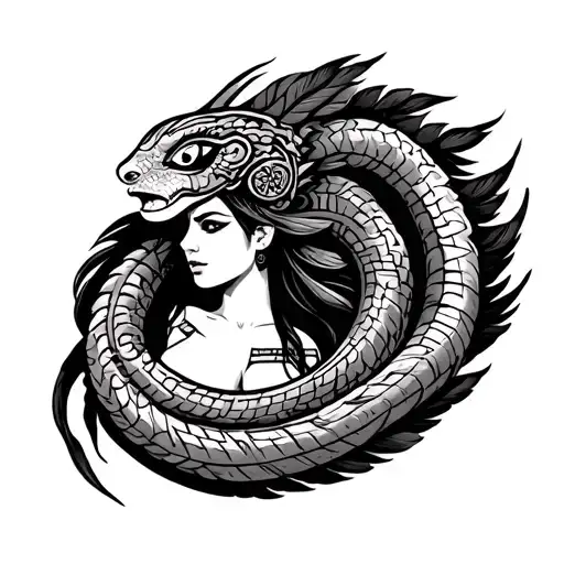 Aztec Feathered Serpent Wrapped Around Aztec Women Warrior's Body