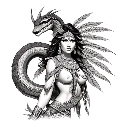 Aztec Feathered Serpent Wrapped Around Aztec Women Warrior's Body Add More Realism And Details