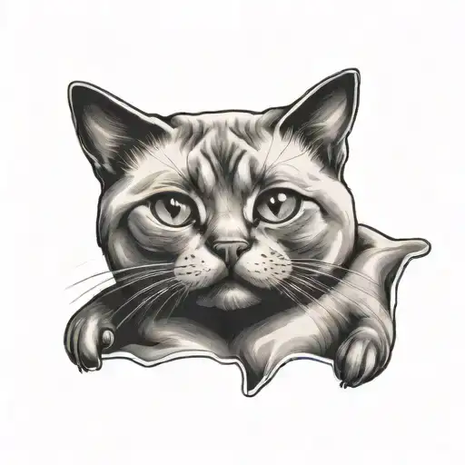 A Black And Gray Tattoo Of A Chubby Siamese Cat