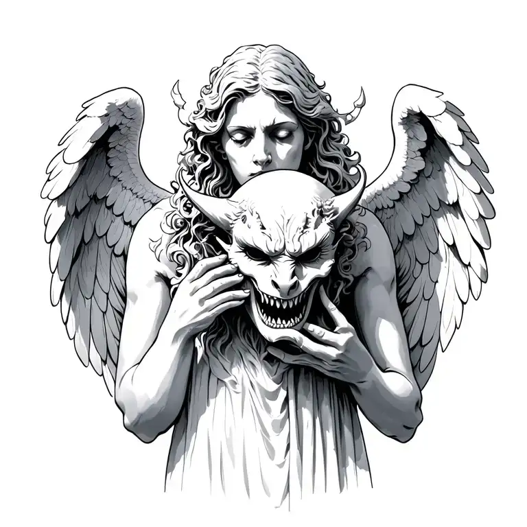 Weeping Angel Holding A Demon Mask