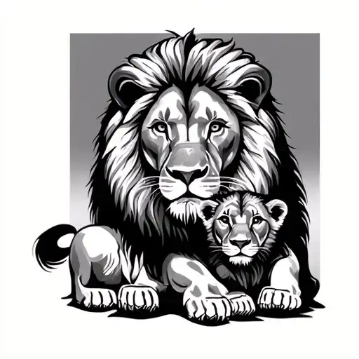 Lion Looking Over A Lion Cub Surrounded