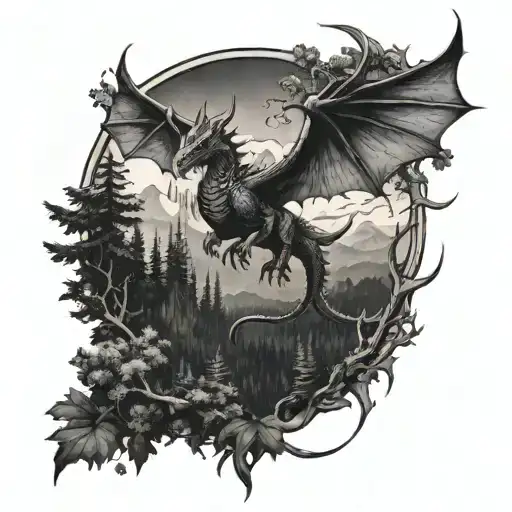 A Detailed Black And Grey Tattoo Of A Majestic Dragon Flying Over A Dark Forest Landscape