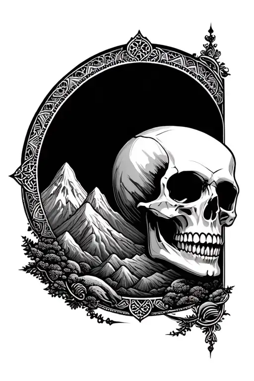 Mandala Design With Skull And Mountain Ranges Fading Into The Distance